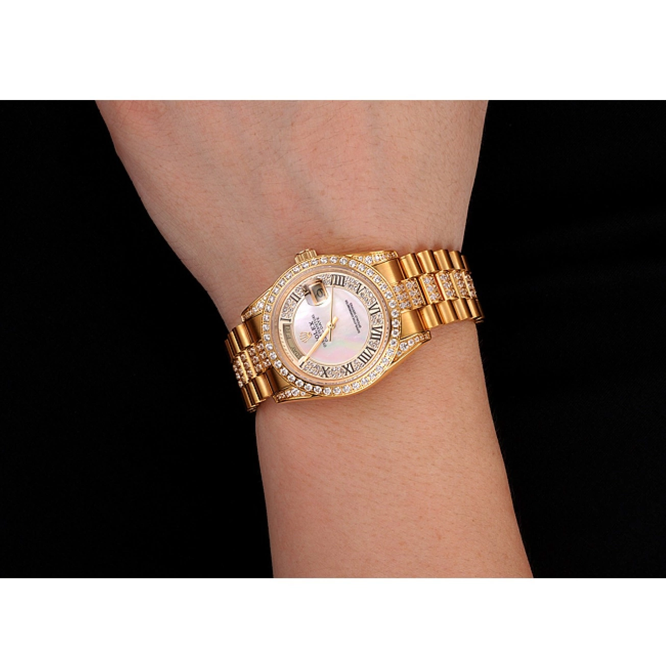 Rolex aaa copy Swiss White Bracelet Diamond Gold Diamond Day-Date 1453958 Rolex Pave Dial 0528
